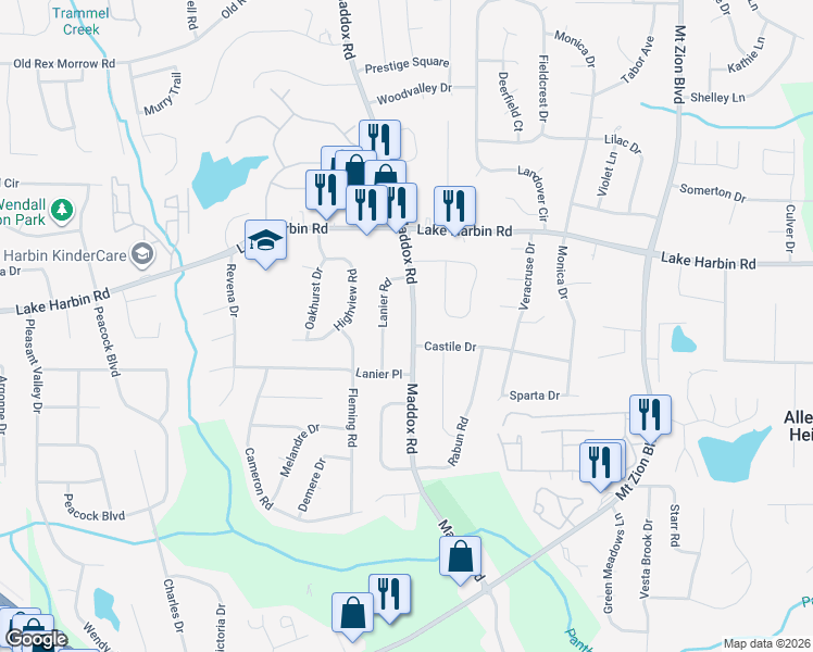 map of restaurants, bars, coffee shops, grocery stores, and more near 6390 Lanier Road in Morrow