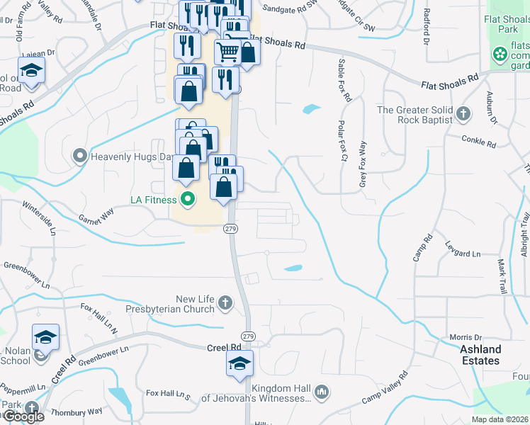 map of restaurants, bars, coffee shops, grocery stores, and more near 2372 Hackamore Drive in Atlanta