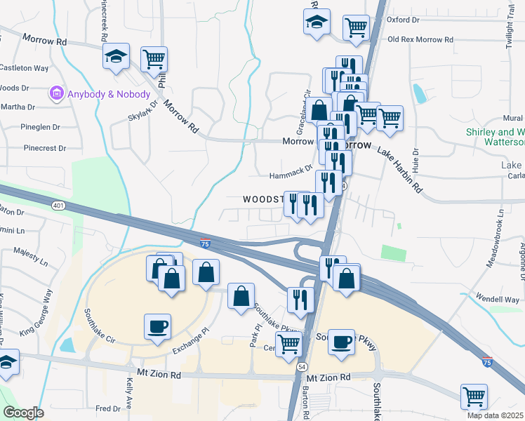 map of restaurants, bars, coffee shops, grocery stores, and more near 1380 John Robert Drive in Morrow