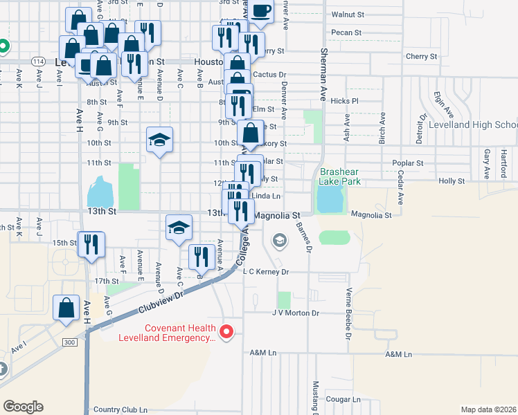 map of restaurants, bars, coffee shops, grocery stores, and more near 101 Linda Lane in Levelland