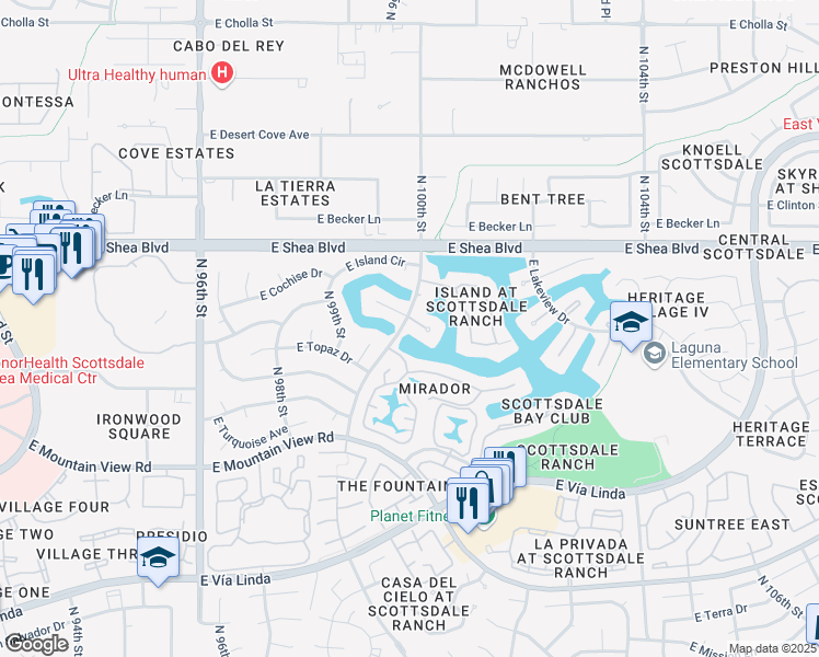 map of restaurants, bars, coffee shops, grocery stores, and more near 10421 North 100th Street in Scottsdale