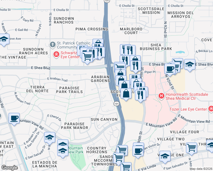 map of restaurants, bars, coffee shops, grocery stores, and more near 10473 North 87th Way in Scottsdale