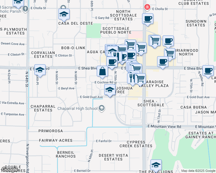 map of restaurants, bars, coffee shops, grocery stores, and more near 6945 East Cochise Road in Paradise Valley