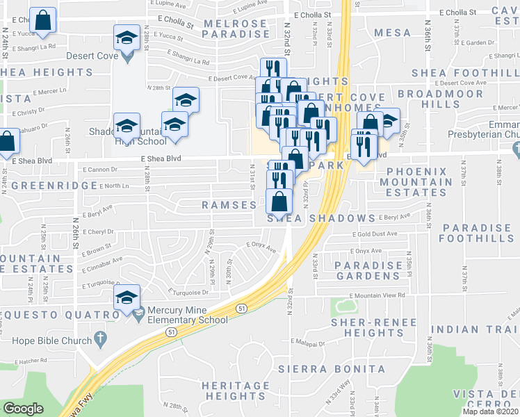 map of restaurants, bars, coffee shops, grocery stores, and more near 3030 East Cochise Road in Phoenix