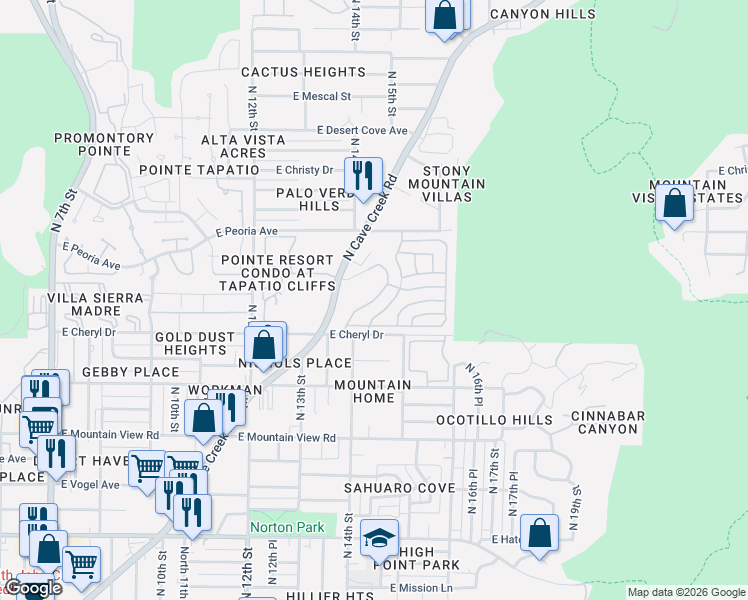map of restaurants, bars, coffee shops, grocery stores, and more near 10401 North Cave Creek Road in Phoenix