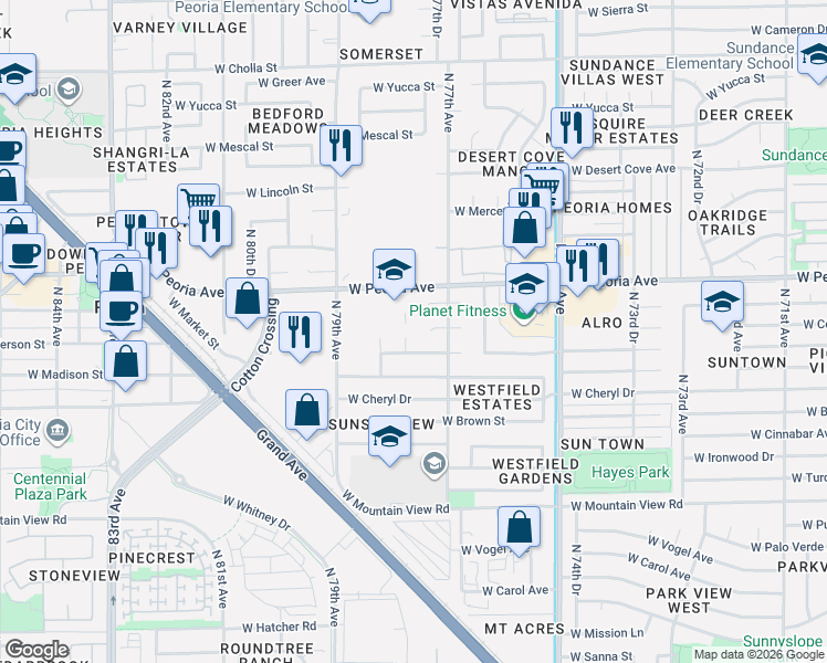 map of restaurants, bars, coffee shops, grocery stores, and more near 7725 West North Lane in Peoria