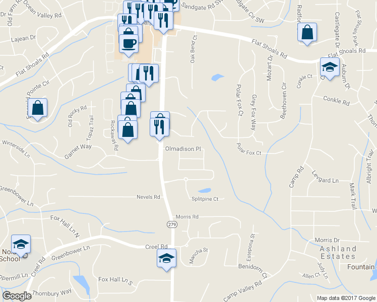 map of restaurants, bars, coffee shops, grocery stores, and more near 6359 Olmadison Place in Atlanta