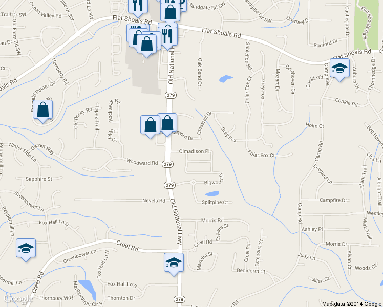 map of restaurants, bars, coffee shops, grocery stores, and more near 6345 Olmadison Place in Atlanta