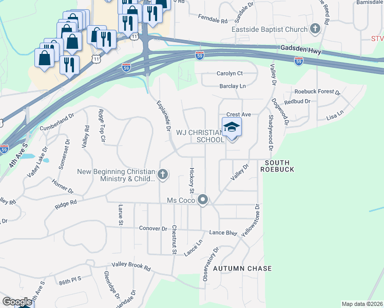 map of restaurants, bars, coffee shops, grocery stores, and more near 615 Esplanade Drive in Birmingham