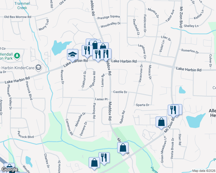 map of restaurants, bars, coffee shops, grocery stores, and more near 6390 Lanier Road in Morrow