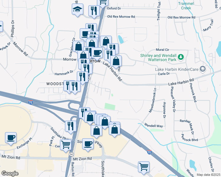 map of restaurants, bars, coffee shops, grocery stores, and more near 1668 Northridge Drive in Morrow