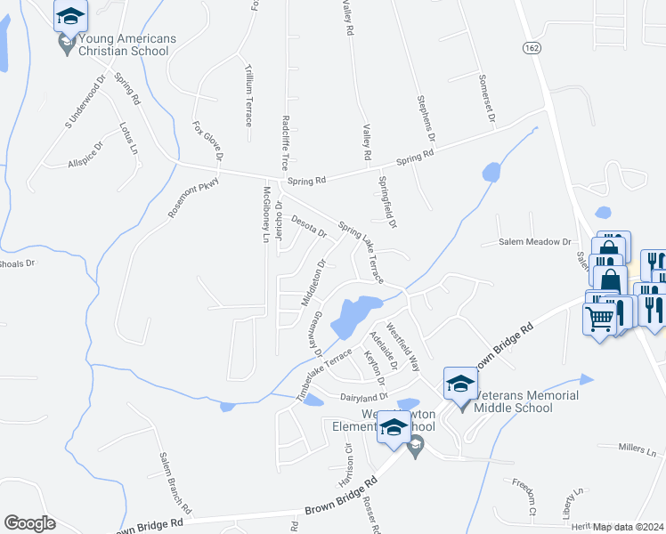 map of restaurants, bars, coffee shops, grocery stores, and more near Wimberly Way in Covington