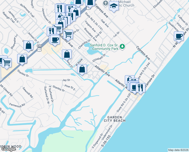 map of restaurants, bars, coffee shops, grocery stores, and more near 357 Lagoon Circle in Murrells Inlet
