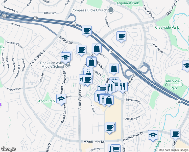 map of restaurants, bars, coffee shops, grocery stores, and more near 37 Beacon Way in Aliso Viejo