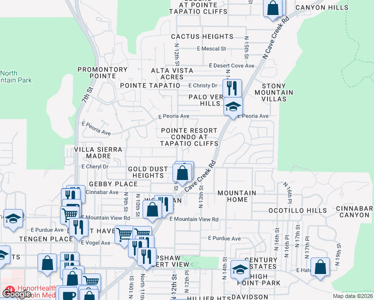 map of restaurants, bars, coffee shops, grocery stores, and more near 10255 North 12th Place in Phoenix