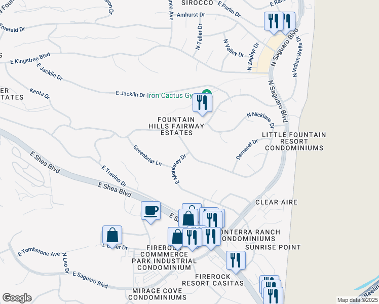 map of restaurants, bars, coffee shops, grocery stores, and more near 9750 East Monterey Drive in Fountain Hills