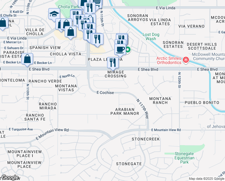 map of restaurants, bars, coffee shops, grocery stores, and more near 11500 East Cochise Drive in Scottsdale
