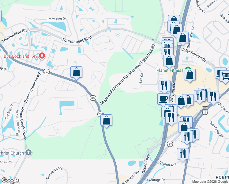 map of restaurants, bars, coffee shops, grocery stores, and more near 11251 Mcdowell Shortcut Road in Murrells Inlet