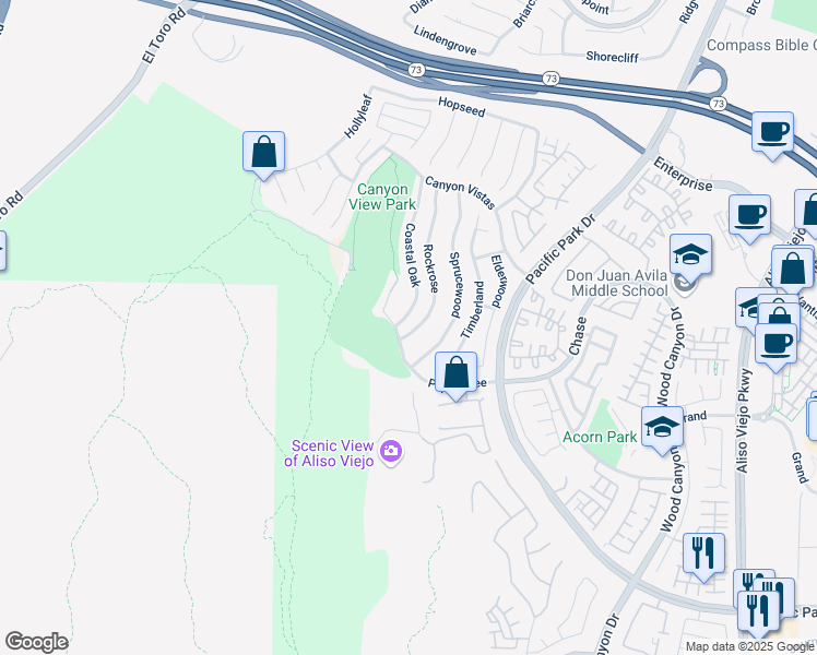 map of restaurants, bars, coffee shops, grocery stores, and more near 77 Rockrose in Aliso Viejo