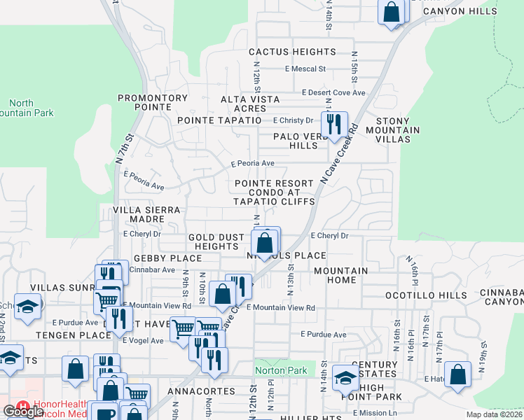 map of restaurants, bars, coffee shops, grocery stores, and more near 10255 North 12th Place in Phoenix