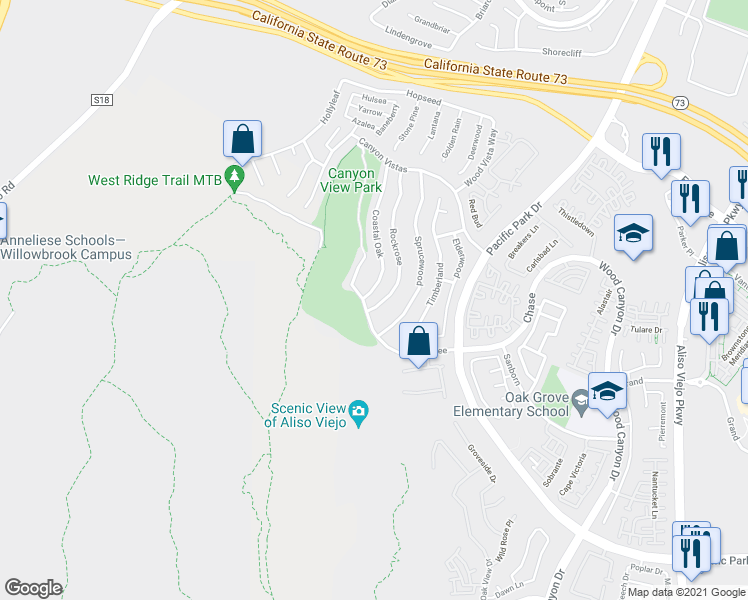 map of restaurants, bars, coffee shops, grocery stores, and more near 77 Rockrose in Aliso Viejo