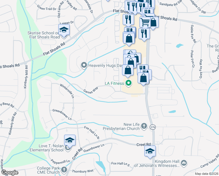 map of restaurants, bars, coffee shops, grocery stores, and more near 2890 Garnet Way in College Park