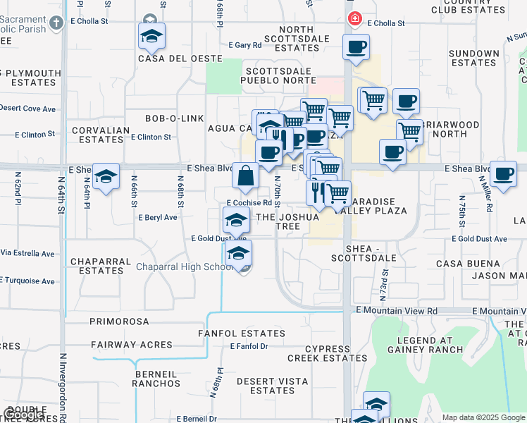map of restaurants, bars, coffee shops, grocery stores, and more near 6945 East Cochise Road in Paradise Valley