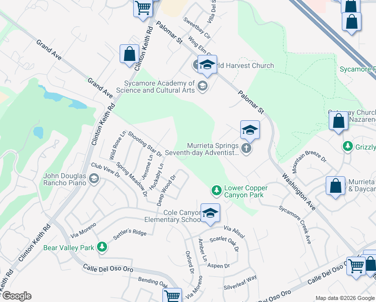 map of restaurants, bars, coffee shops, grocery stores, and more near 23250 Rancho Mirlo Road in Murrieta