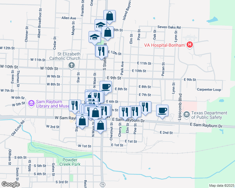 map of restaurants, bars, coffee shops, grocery stores, and more near 405 East 8th Street in Bonham