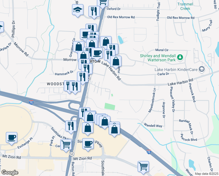 map of restaurants, bars, coffee shops, grocery stores, and more near 1676 Northridge Drive in Morrow