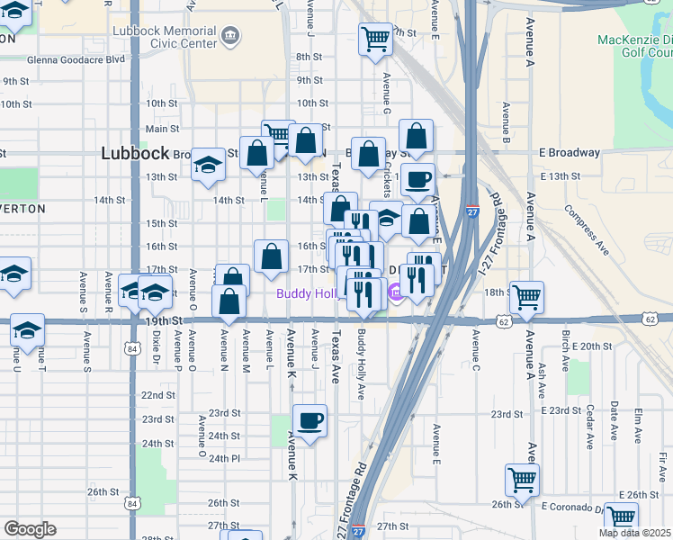 map of restaurants, bars, coffee shops, grocery stores, and more near 1700 Texas Avenue in Lubbock