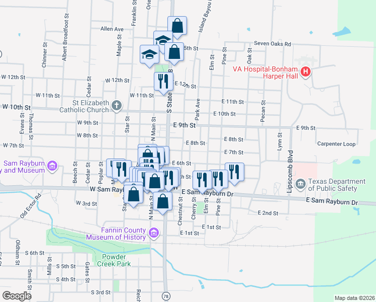 map of restaurants, bars, coffee shops, grocery stores, and more near 405 East 8th Street in Bonham