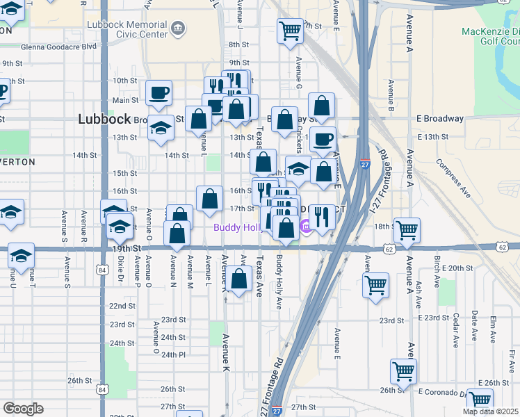 map of restaurants, bars, coffee shops, grocery stores, and more near 1700 Texas Avenue in Lubbock