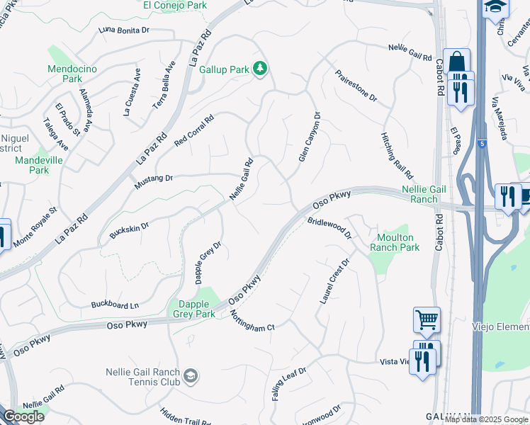 map of restaurants, bars, coffee shops, grocery stores, and more near 25512 Saddle Rock Place in Laguna Hills
