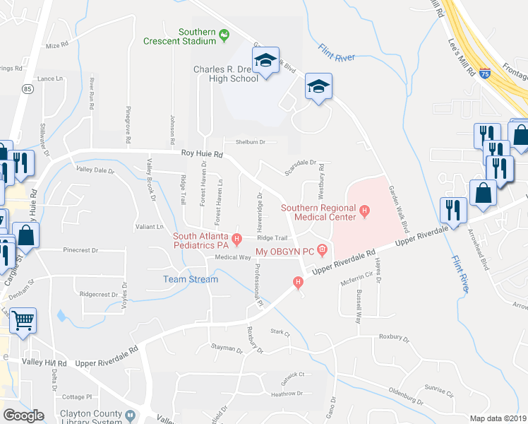 map of restaurants, bars, coffee shops, grocery stores, and more near 6412 Havenridge Drive in Riverdale