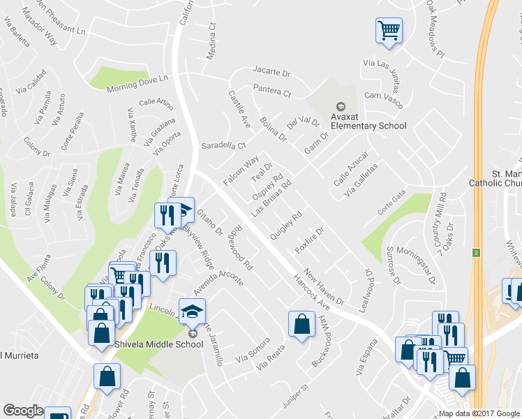 map of restaurants, bars, coffee shops, grocery stores, and more near 39998 Las Brisas Road in Murrieta