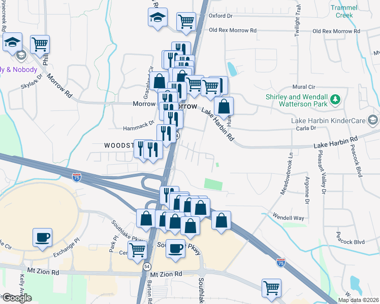 map of restaurants, bars, coffee shops, grocery stores, and more near 6426 Magnolia Way in Morrow