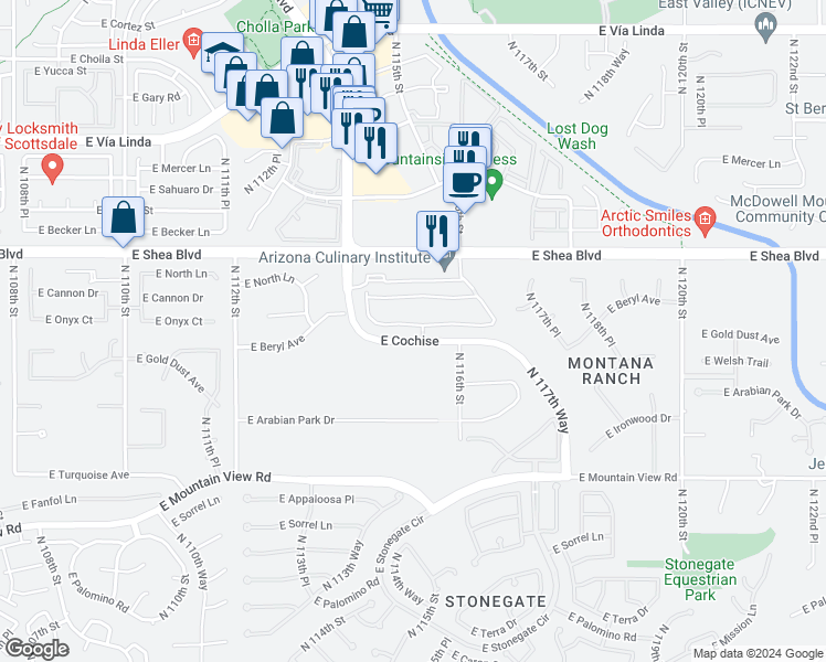 map of restaurants, bars, coffee shops, grocery stores, and more near Mirage Crossing Condominiums in Scottsdale