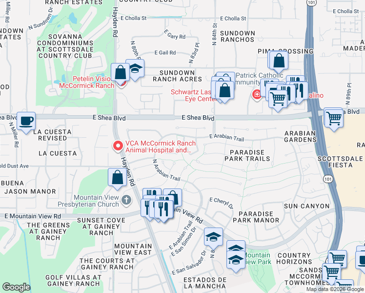 map of restaurants, bars, coffee shops, grocery stores, and more near 10446 North 82nd Place in Scottsdale