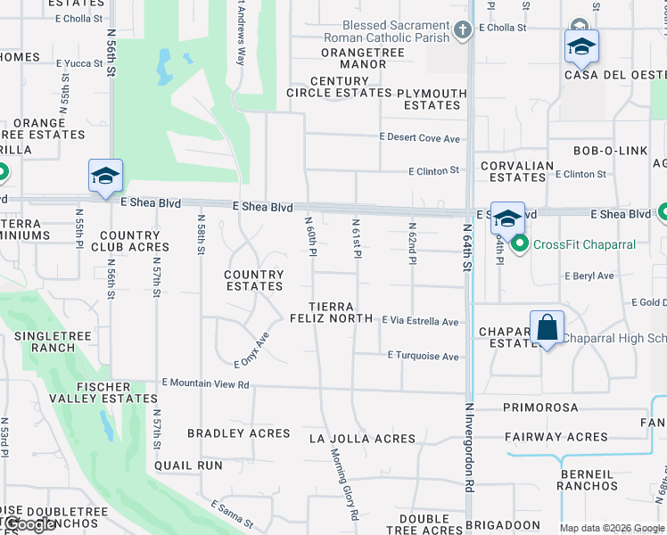 map of restaurants, bars, coffee shops, grocery stores, and more near 10416 North 61st Place in Paradise Valley