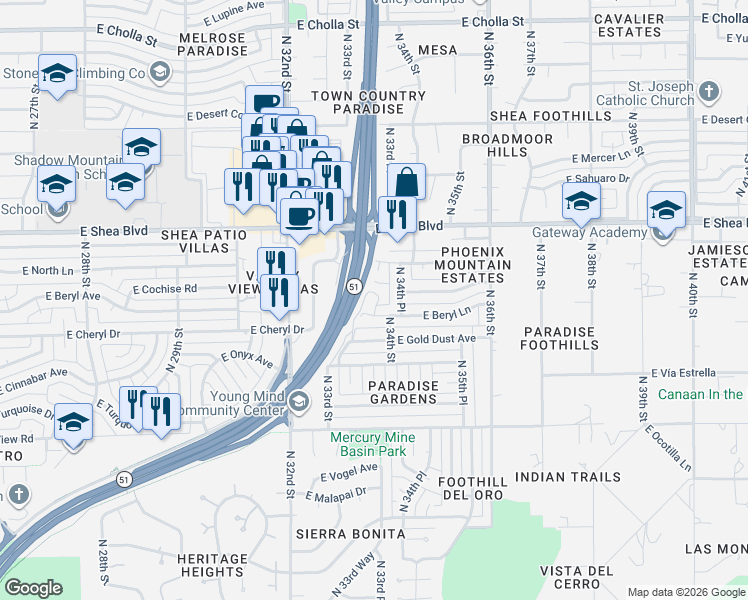 map of restaurants, bars, coffee shops, grocery stores, and more near 3328 E Cochise Dr in Phoenix