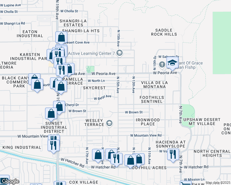 map of restaurants, bars, coffee shops, grocery stores, and more near 1517 West Cochise Drive in Phoenix