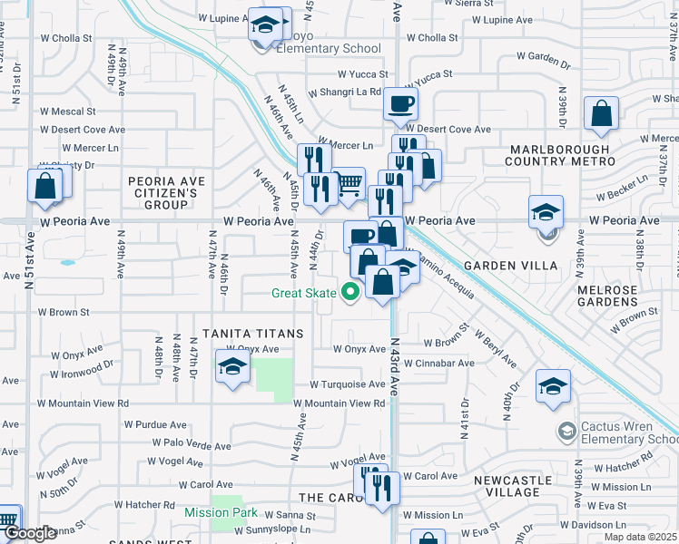 map of restaurants, bars, coffee shops, grocery stores, and more near 10404 North 43rd Avenue in Glendale