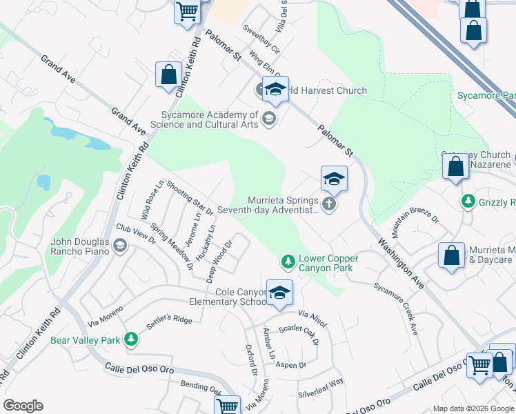 map of restaurants, bars, coffee shops, grocery stores, and more near 23250 Rancho Mirlo Road in Murrieta