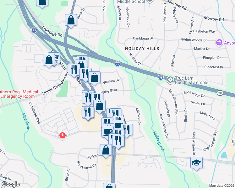 map of restaurants, bars, coffee shops, grocery stores, and more near 6445 Holiday Boulevard in Forest Park