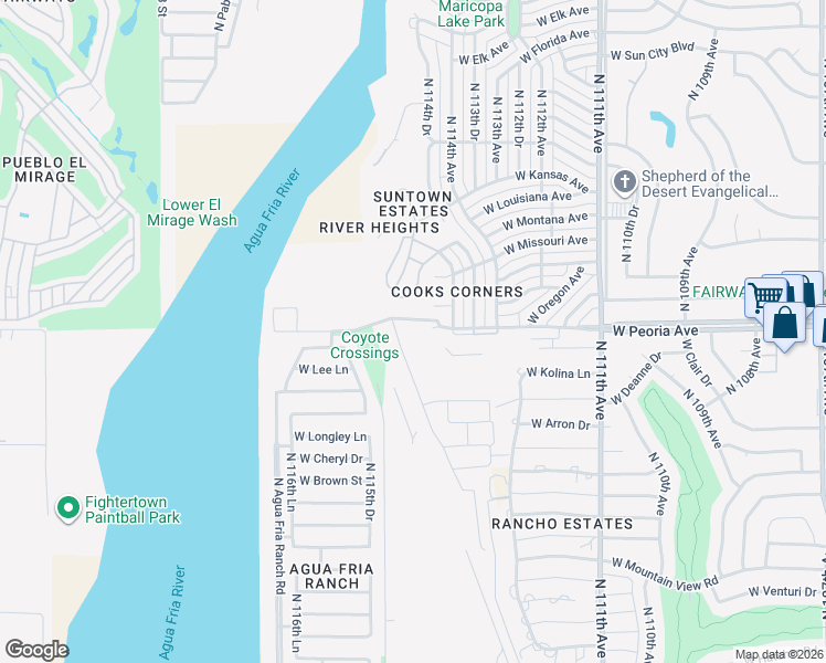 map of restaurants, bars, coffee shops, grocery stores, and more near 11555 West Peoria Avenue in Youngtown