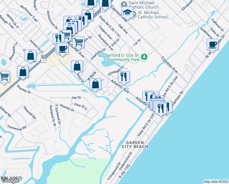 map of restaurants, bars, coffee shops, grocery stores, and more near 315 Inlet Road in Murrells Inlet