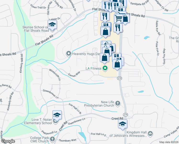 map of restaurants, bars, coffee shops, grocery stores, and more near 2905 Garnet Way in College Park