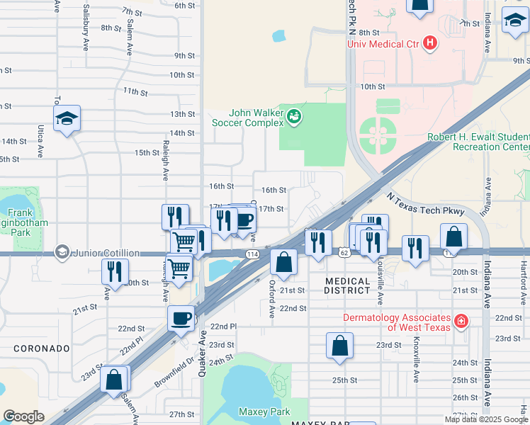 map of restaurants, bars, coffee shops, grocery stores, and more near 4117 17th Street in Lubbock