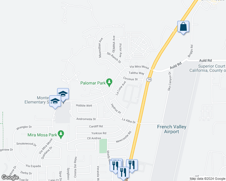 map of restaurants, bars, coffee shops, grocery stores, and more near 29772 Sceptrum Street in Murrieta